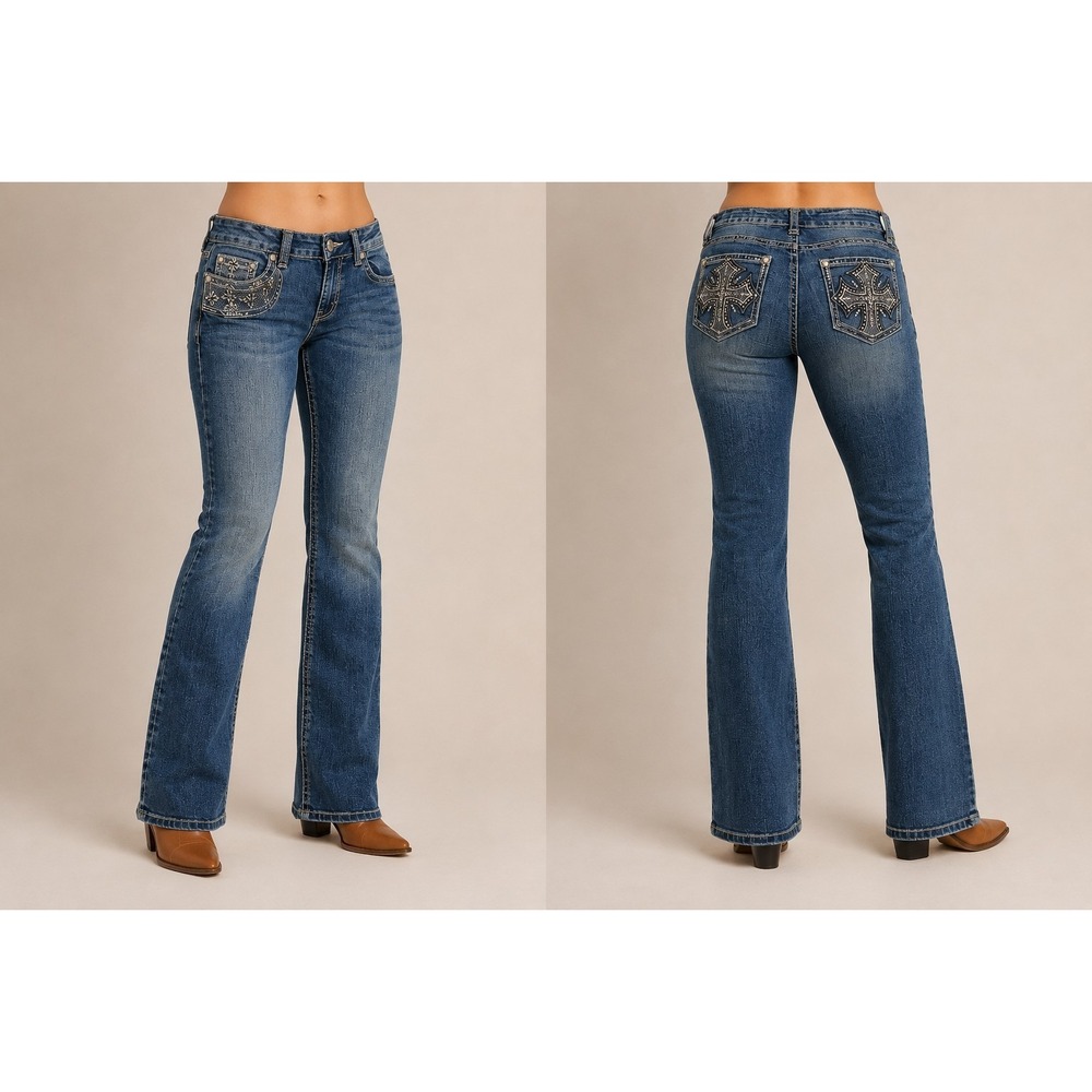 New Directions Capri Jeans Womens 31 Blue Cross Pocket Embellished Denim Bling
